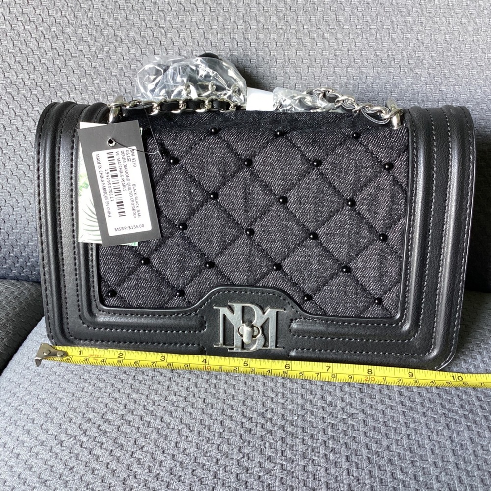 NBM Denim Quilted Crossbody Bag Chain Strap Studded‎ Flap Black